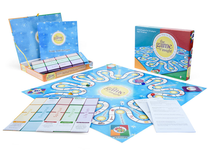 The Game of Insight by Schiffer Publishing, Ltd. is shown with its blue and yellow game board, cards, instruction sheets, box, and various game pieces thoughtfully arranged in an eye-catching display.