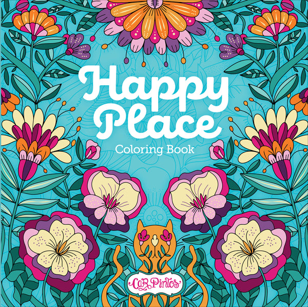 Colorful book cover with the title Happy Place Coloring Book in white text, surrounded by vibrant, intricate flowers, leaves, and butterflies on a bright blue background. The design is symmetrical and playful.