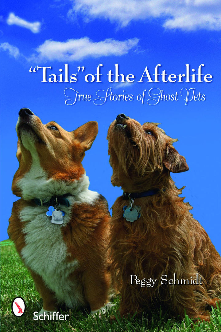 A corgi and a terrier sit on grass under a blue sky. The book title is "Tails of the Afterlife" by Schiffer Publishing, Ltd., featuring true pet visitation stories. The Schiffer Publishing, Ltd. logo appears in the bottom left corner.