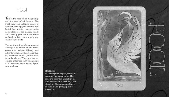 A grayscale Fool card from the Dream Raven Tarot by Schiffer Publishing, Ltd. shows an ornate bird with a spiral pattern, long tail, and flowing feathers. The opposite page presents Beth Seilonen’s interpretation in elegant text.