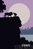 A silhouette kneels before a lion on a cliff at sunset, with a pale moon and distant landscape as "STRENGTH" appears below; from Spirit Within Tarot by Schiffer Publishing, Ltd.