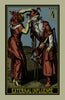 An illustrated card from the Rota Mundi Tarot by Schiffer Publishing, Ltd. shows a woman in red adjusting a bearded man's hat as he leans on a cane; labeled External Influence, it features the number four and four swords in the top right corner.