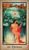 A pregnant woman in red sits on stone, holding wheat and a scepter amid fruit trees and ruins. The card reads III. Empress—a classic Major Arcana image from The American Renaissance Tarot by Schiffer Publishing, Ltd.
