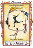 Six colorful figures dance in a circle around a central figure. Flames, musical notes, and the words “Pleasure ...we cannot experience pleasure but by means of others...” adorn the border. From The William Blake Tarot of the Creative Imagination by Schiffer Publishing, Ltd.
