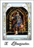 A barefoot figure in blue with a glowing orb steps through a dark archway, radiant light shining. The ornate border features fire, clouds, and "Imagination IX" from The William Blake Tarot of the Creative Imagination by Schiffer Publishing, Ltd.