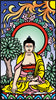 A vibrant Buddha sits cross-legged under a tree, haloed and holding an object, with sun, clouds, and lotus flowers—an image inspired by The Buddha Tarot by Schiffer Publishing, Ltd.
