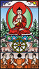 A vibrant illustration from The Buddha Tarot by Schiffer Publishing, Ltd. shows Buddha cross-legged on a lotus throne teaching, with two deer, a Dharma wheel, and five monks in reverence below a radiant sky.