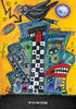 A vibrant Outsider Art Tarot card from Schiffer Publishing, Ltd. features a tilted tower with checkerboard and geometric designs, large eyes and lips, a black bird, lightning bolt, and yellow moonlit sky. "TOWER" is printed at the bottom.