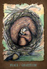 A squirrel sleeps peacefully in a cozy nest, an acorn nearby. The pastel scene evokes rest and gratitude. “PEACE / GRATITUDE.” appears below. From The Everglow by Schiffer Publishing, Ltd.