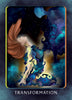 A woman with flowing hair and glowing tattoos kneels as blue and purple energy swirl around her, forming a mystical figure. Inspired by the Higher Self Oracle from Schiffer Publishing, Ltd., "TRANSFORMATION" appears at the bottom.