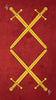Illustration of four yellow swords crossed on a textured red background, with the number 4 and symbol, inspired by medieval tarot imagery. From the Tarot Médiéval deck by Schiffer Publishing, Ltd.