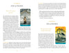 A two-page spread from the Steele Wizard Tarot by Schiffer Publishing, Ltd. features the Nine and Ten of Swords cards, with images, keywords, interpretations (upright and reversed), guidance, and quotes on cream pages with blue and yellow accents.