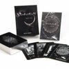 The Nightfall Tarot by Schiffer Publishing, Ltd. is displayed with its 78 illustrated cards inspired by Rider-Waite-Smith, a closed box, and a guidebook. Several cards, such as Wheel of Fortune, are fanned out to show their black-and-white artwork.