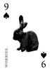 A card from the Inner Eye Oracle by Schiffer Publishing, Ltd. features the 9 of Spades with a black rabbit in the center and "WORRIES" written vertically on this unique divination deck card.