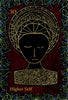 A gold-line drawing of a calm face with closed eyes, intricate halo, and green vines appears on The Shaman’s Way Oracle card by Schiffer Publishing, Ltd., featuring a deep red background, “30” at the top left, and “Higher Self” below.