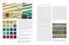 A magazine spread from Schiffer Publishing, Ltd.’s "The Cumulative Cloth, Wet Techniques" shows abstract fabric designs with green, yellow, and red patterns and a color chart on the left; right page has marbled custom cloth and text columns.