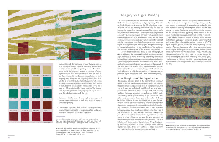 A magazine spread from Schiffer Publishing, Ltd.’s "The Cumulative Cloth, Wet Techniques" shows abstract fabric designs with green, yellow, and red patterns and a color chart on the left; right page has marbled custom cloth and text columns.