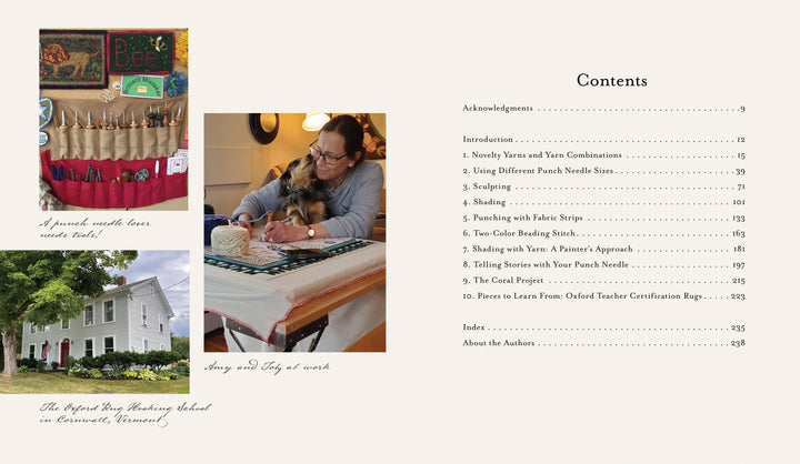 A contents page from "Intermediate & Advanced Punch Needle Rug Hooking" (Schiffer Publishing, Ltd.) features three photos: punch needle tools, Amy working on projects, and the exterior of The Oxford Rug Hooking School.
