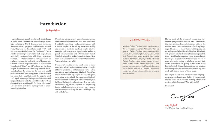 A two-page spread from Schiffer Publishing, Ltd.'s "Intermediate & Advanced Punch Needle Rug Hooking" shows the introduction: text on the left, and on the right a note on a tan card, Amy’s signature, and “The Oxford Punch Needle Rug Hooking School.”.