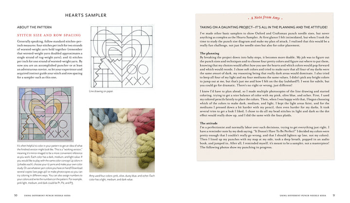 A spread from Schiffer Publishing, Ltd.’s "Intermediate & Advanced Punch Needle Rug Hooking" displays a heart-shaped pattern with instructions, thread tips, and planning advice. The right page offers Amy’s notes on complex punch needle projects.