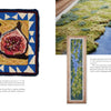 Left: A hooked rug made with Intermediate & Advanced Punch Needle Rug Hooking by Schiffer Publishing, Ltd. shows a fig and slice on blue with a yellow background. Right: A rectangular textile resembles lush, green mossy landscape.