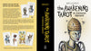 Book cover for The Awakening Tarot by Schiffer Publishing, Ltd., showing illustrated tarot cards and a central figure with textured hair and beads, symbolizing earth-based spirituality on a vivid yellow background.