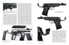A spread from Schiffer Publishing's "The ČZ Models 50 and 70" displays detailed photos of a disassembled and assembled vz. 50, including part close-ups, serial numbers, text on the left page, and angled pistol views on the right.