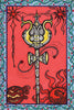 The Vedic Tarot by Schiffer Publishing, Ltd. features a golden staff with twin serpents and detailed patterns against a red background, bordered in vibrant colors. Abstract shapes and suns blend Western Tarot mystique with Eastern spirituality.