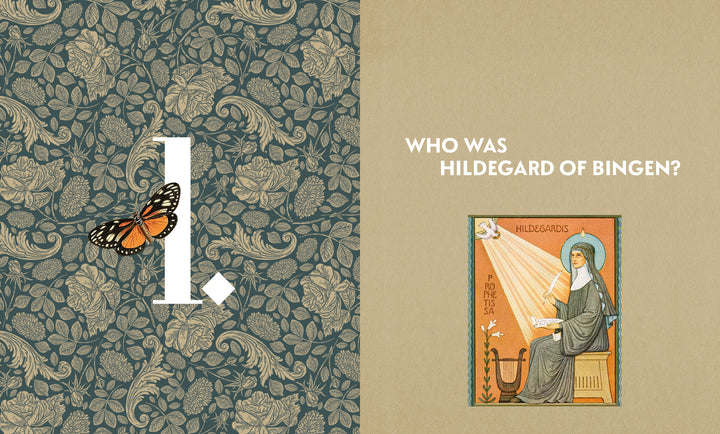 Decorative floral design with a large letter I and butterfly left; right side shows "Saint Hildegard’s Guide to Wellness" by Schiffer Publishing, Ltd., featuring a medieval portrait of Hildegard known for holistic health and herbal medicine.