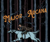 An illustration from Schiffer Publishing’s The Legend of Sleepy Hollow Tarot—Headless Horseman Edition shows a person in old-fashioned attire on a white horse in a dark forest, with “Major Arcana” in bold across the image.