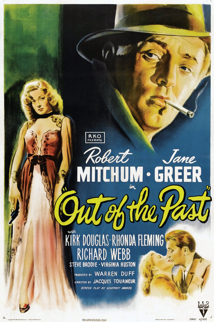 Vintage movie poster featured in "The Art of Classic Crime and Mystery Movies" by Schiffer Publishing, Ltd.—shows a fedora-clad man smoking, a woman in pink, and an embracing couple with bold title and cast names.