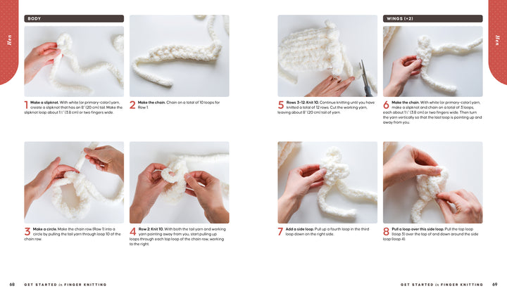 Get Started in Finger Knitting by Schiffer Publishing, Ltd. features a step-by-step photo guide showing how to finger knit a cord and wings with chunky white yarn, including clear close-ups and easy-to-follow written instructions.