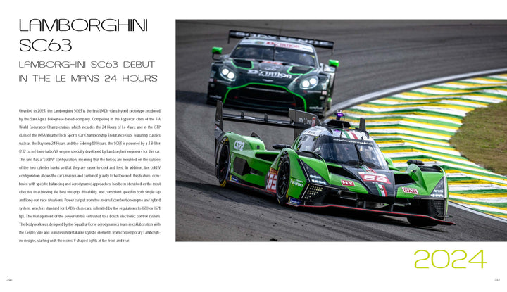 A green and black Automobili Lamborghini leads a green Aston Martin around the racetrack. Text highlights Automobili Lamborghini’s SC63 debut at Le Mans 24 Hours, featured by Schiffer Publishing, Ltd.