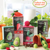 The Crochet Your Veggies Amigurumi Kit Radish by Schiffer Publishing, Ltd. is shown with crocheted veggies, yarn, hooks, a spilled plant pot, and a “Collect the whole set!” sign in the background.