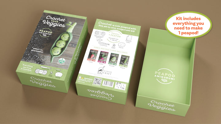 Three green Schiffer Publishing, Ltd. Crochet Your Veggies Amigurumi Kit Peapod boxes are displayed—one closed with label, one open with instructions, and one empty. Caption: “Kit includes everything you need to make 1 peapod!”—great for beginners.