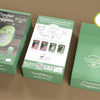 Three views of the Schiffer Publishing, Ltd. Crochet Your Veggies Amigurumi Kit Avocado box—front, back, and inside—showing text that says this beginner kit includes supplies to create one avocado. Displayed on a light brown surface.