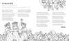 Black-and-white coloring page from Schiffer Publishing’s "Fantasy World Coloring Book: MAGIC MEADOWS - ROYAL KINGDOM - MERMAIDS’ BAY" featuring three girls in dresses dancing among flowers; a bird stands among blossoms. Whimsical designs by Emelie Lidehäll Öberg.
