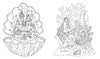 Discover magical scenes from Schiffer Publishing, Ltd.'s "Fantasy World Coloring Book: MAGIC MEADOWS - ROYAL KINGDOM - MERMAIDS’ BAY," featuring a castle inside a seashell and a mermaid amid an underwater coral reef with sea creatures.