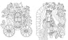 Line drawing of a pumpkin carriage and princess beside a rose-covered tower, perfect for fans of whimsical coloring—featured in Schiffer Publishing's "Fantasy World Coloring Book: MAGIC MEADOWS - ROYAL KINGDOM - MERMAIDS’ BAY.