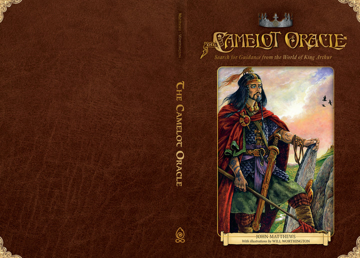 The Camelot Oracle by Schiffer Publishing, Ltd. features a cover with a medieval knight in regal attire holding a sword on a hilltop, with birds, a castle backdrop, and ornate borders that evoke the rich world of Arthurian legend.