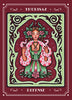 A stylized woman in green and pink holds a patterned snake amid flowers and Elder Futhark-inspired designs. The card from Weird Weavings Runic Oracle by Schiffer Publishing, Ltd. reads "THURISAZ" on top and "DEFENSE" below, bordered in burgundy and green.