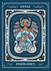 The Weird Weavings Runic Oracle by Schiffer Publishing, Ltd. features the KENAZ INSPIRATION card, depicting a winged, horned angelic figure holding a glowing rune above two swans on a blue background with ornate borders.