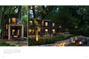 Two photos from Schiffer Publishing, Ltd.’s Midwest Home show a modern black house amid trees at dusk: on the left, a cozy patio with lounge chair and string lights; on the right, the illuminated home, stone terrace, and vintage car.
