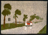 “Tapestry Talking” by Schiffer Publishing, Ltd. is a textured artwork inspired by tapestry weaving, depicting a red car with headlights on driving past windblown palms on a cloudy day.