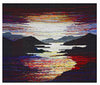 Tapestry Talking by Schiffer Publishing, Ltd. is a woven textile artwork featuring a glowing sunset over mountains and a lake, with vibrant red, yellow, blue, and white hues creating a textured abstract landscape through expert tapestry weaving.