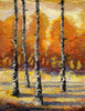 “Tapestry Talking” by Schiffer Publishing, Ltd. is a textured artwork inspired by tapestry weaving, showing slender birch trees with white bark and autumn’s vivid orange and yellow foliage cast with blue-purple shadows.