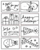 Eight black-and-white holiday cards from the Christmas Market Crew collection by Schiffer Publishing, Ltd. showcase festive doodles inspired by holiday-themed art—including gifts, a snowman, a reindeer mug, a Christmas tree, and twinkling lights—alongside cheerful greetings like “a gift for you,” “happy holidays,” and “ho ho hot cocoa.” Perfect for fans of paper craft coloring books or anyone seeking the cozy charm of a Christmas Market, each card feels truly special.