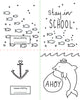 Enjoy four black-and-white pages from Schiffer Publishing, Ltd.'s "Under the Sea Besties": fish swimming, “stay in school” with fish, an anchor with a heart, and a dolphin sailor saying “AHOY.” Each has a “Colored with ♥ by” box.