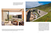 Patio Living" by Schiffer Publishing, Ltd. features modern homes with stone walls that blend into grassy hillsides, large windows, and sliding doors—embracing indoor-outdoor living with scenic views under clouded skies.