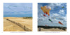 Two photos from "Outer Banks" by Schiffer Publishing, Ltd. show kites filling the sky over Cape Hatteras dunes—on the left, colorful kites; on the right, large character-shaped kites like a flying pig above this iconic North Carolina landscape.